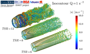 Wind turbine wake visualization via Q-criterion isocontour colored by velocity